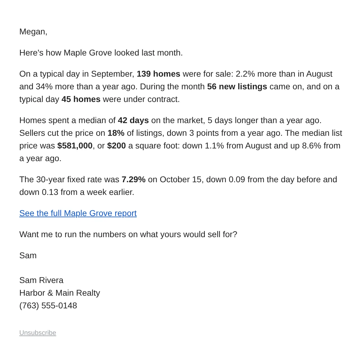 A market update from Sam Rivera to a homeowner, Megan, on how Maple Grove looked in September: on a typical day 139 homes were for sale, 34% more than a year ago, with 56 new listings and 45 under contract; homes spent a median of 42 days on the market and sellers cut the price on 18% of listings; the median list price was $581,000, or $200 a square foot. The 30-year fixed rate was 7.29% on October 15. Then a link, See the full Maple Grove report, and a question: want me to run the numbers on what yours would sell for?